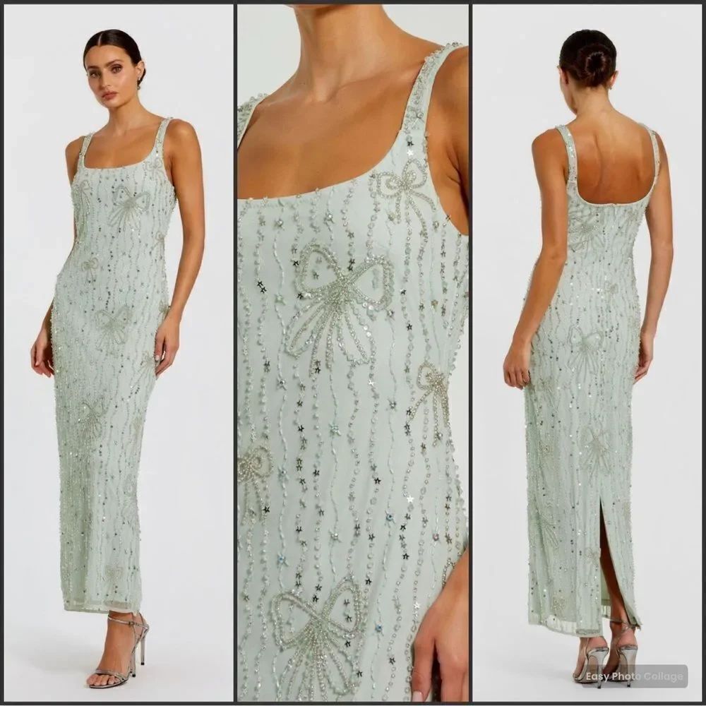 MAC DUGGAL 94129 Green Beaded Mesh Scoop NeckโFitted Gown With Bows